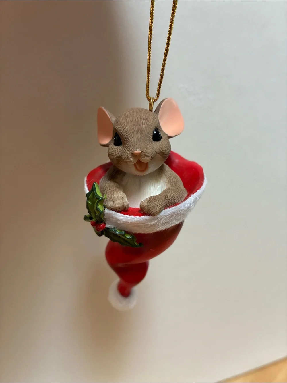 Enesco Brown Mouse in Red Stocking Ornament with White Trim and Green Holly